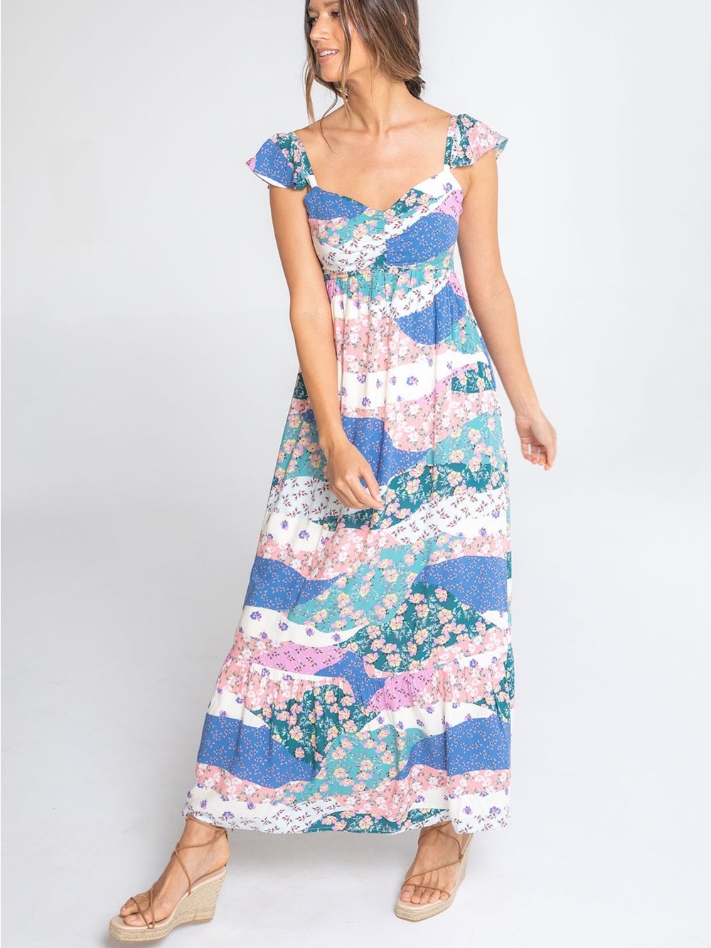 Love Stitch Floral Patchwork Maxi Dress in Blue, Pink & White